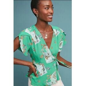 Anthropologie Meadow Rue Green Printed Bon Voyage Blouse Size 8